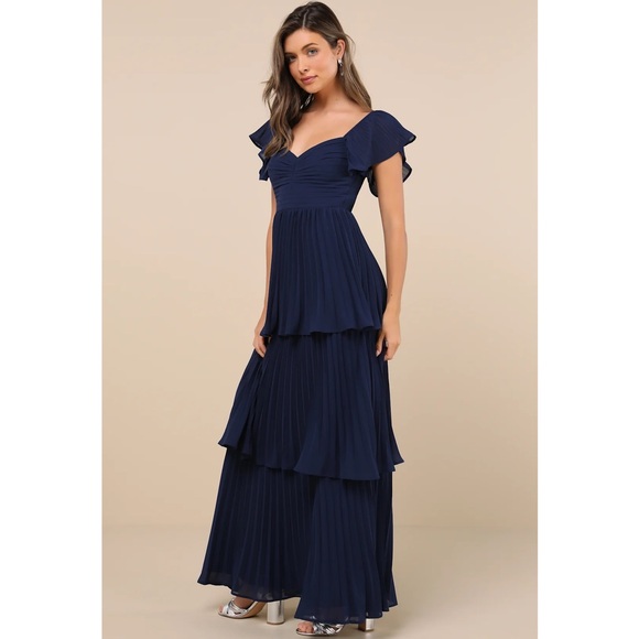 Lulus Notorious Charm Navy Blue Pleated Tiered Flutter Sleeve Maxi Dress NWT XL - Picture 3 of 16